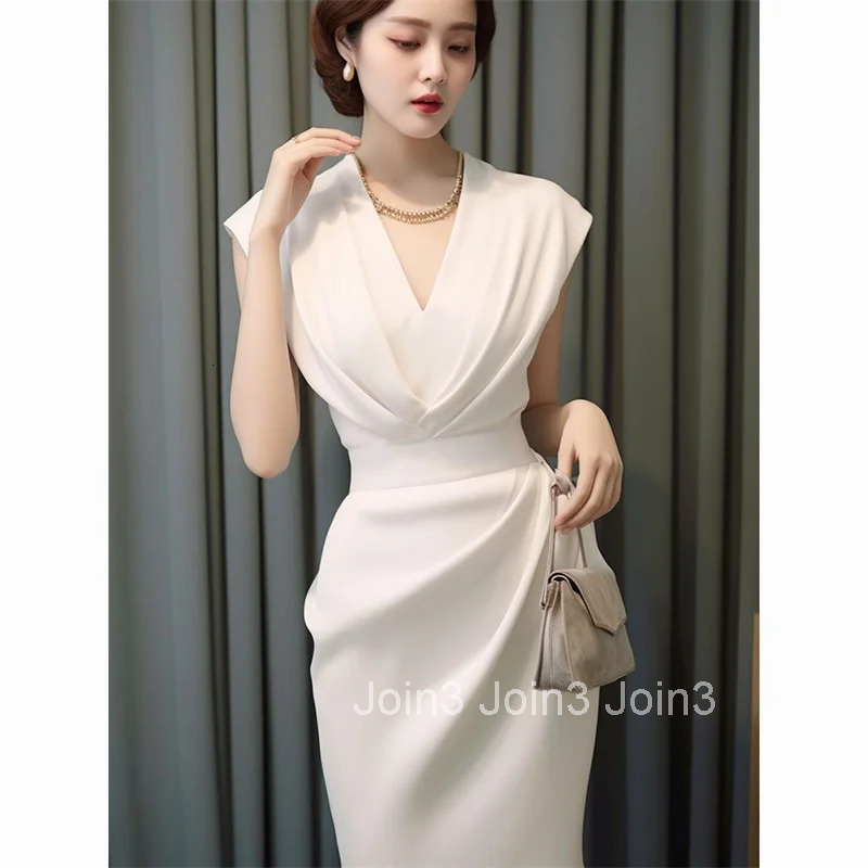 Summer New White Elegant Womens Formal Dress Vintage V-Neck High Waist A-Line Midi Dress Celebrity Evening Party Vestidos 029P