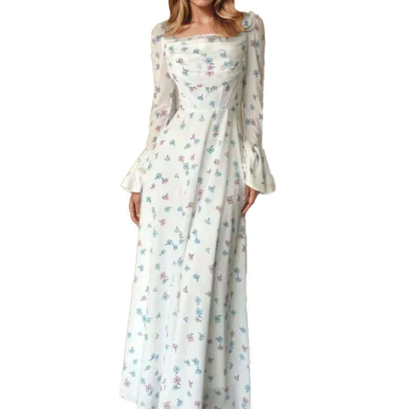 Women's Elegant Floral Ruched Fairy Flowy Long Dress With Waist Cinching And Bell Sleeves B5