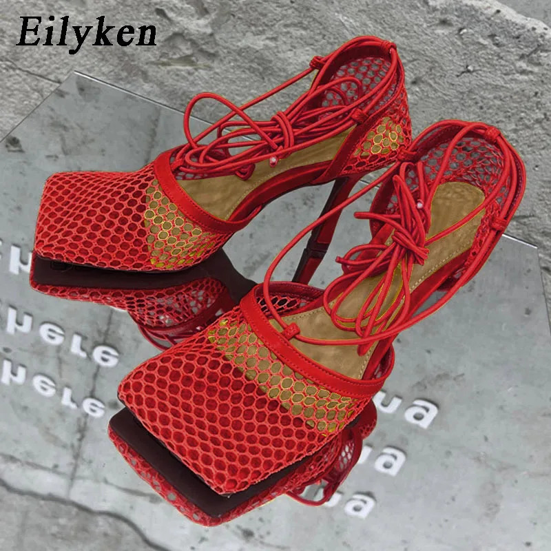 Eilyken Sexy Mesh Pumps Sandals Female Square Toe High Heel Lace Up Cross-Tied Stiletto Hollow Dress Shoes Zapatos Mujer 250731