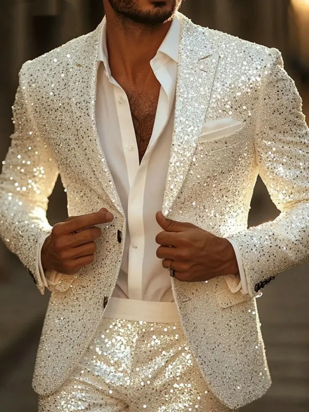 Sparkly Wedding Tuxedos Single Breasted Sequins Men Suit Peaked Lapel 2 Piece Set Jacket Pant Groom Business Blazers Customized