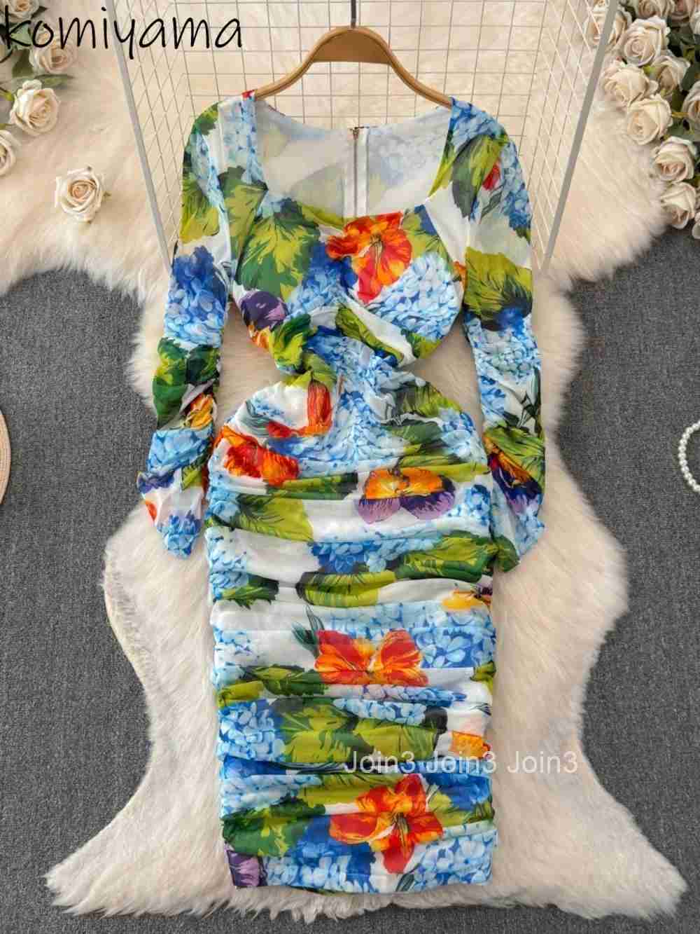 Fresh Print Vestidos Mujer Women Bodycon Dresses Square Collar Long Sleeve Dress Elegant Feminino Vestido Autumn Robes