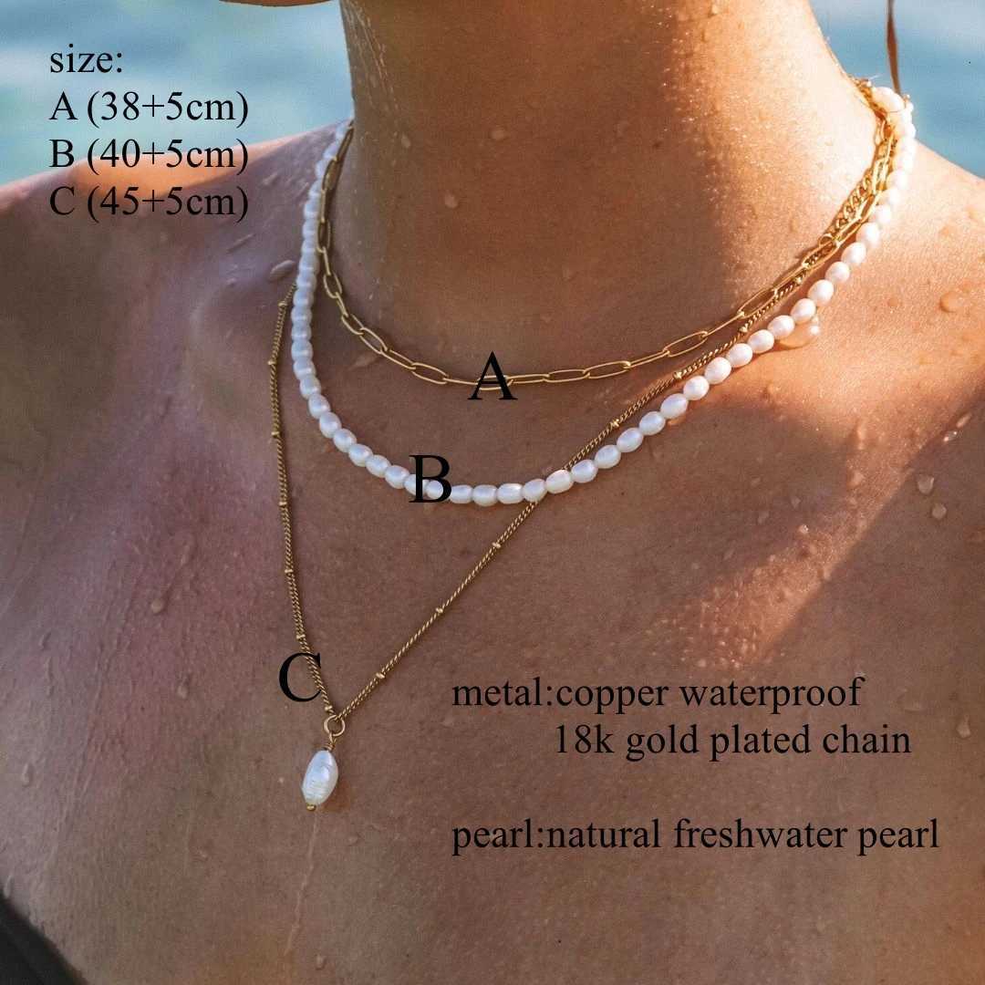 18K Waterproof Gold Plated Chain Necklace Natural Pearl Pendant Choker for Women Gift Jewelry Y250805