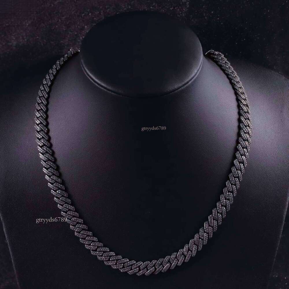 VVS Dia 2rows 10mm 12mm S Sier Hip Hop Necklace Men Black Moissanite Cuban Link Chain For Fashion Jewelry