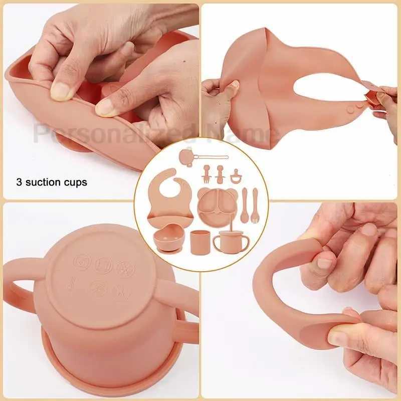 11pcs Childrens Silicone Tableware BPA Free Bear Plate Baby Feeding Set with Personalized Customization Baby Name X2508061