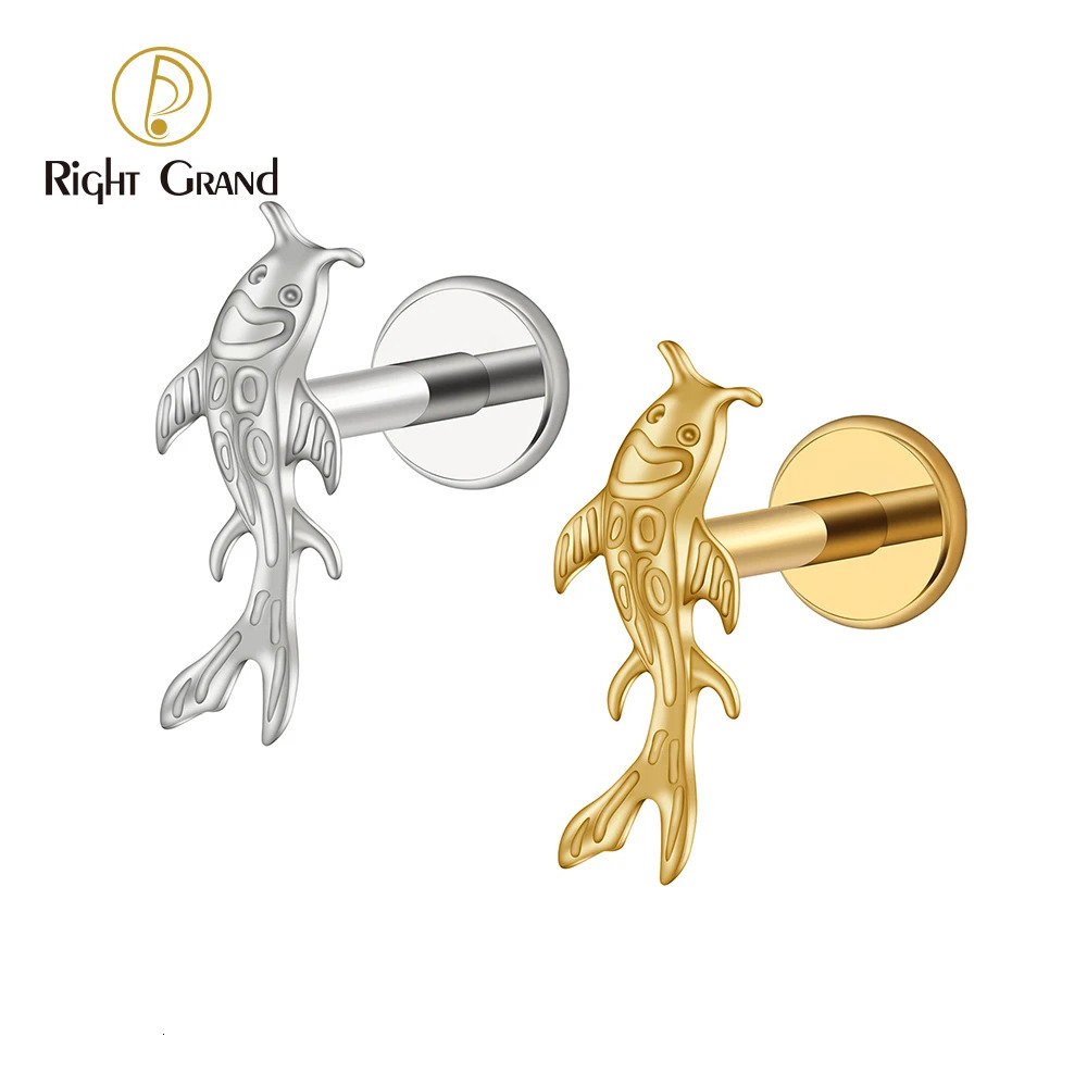 Right Grand ASTM 36 Koi Fish Cartilage Earring Tiny Tragus Stud Helix Conch Flatback Piercing 16G Animal Body Jewelry 250805