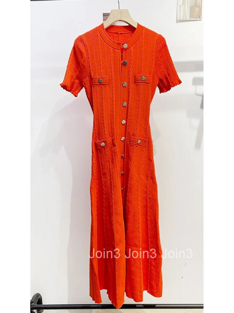 French Womens Round Neck Short Sleeved Knitting Dress Summer Elegant Single Breasted Office Lady Festival Long Dress Simplicity