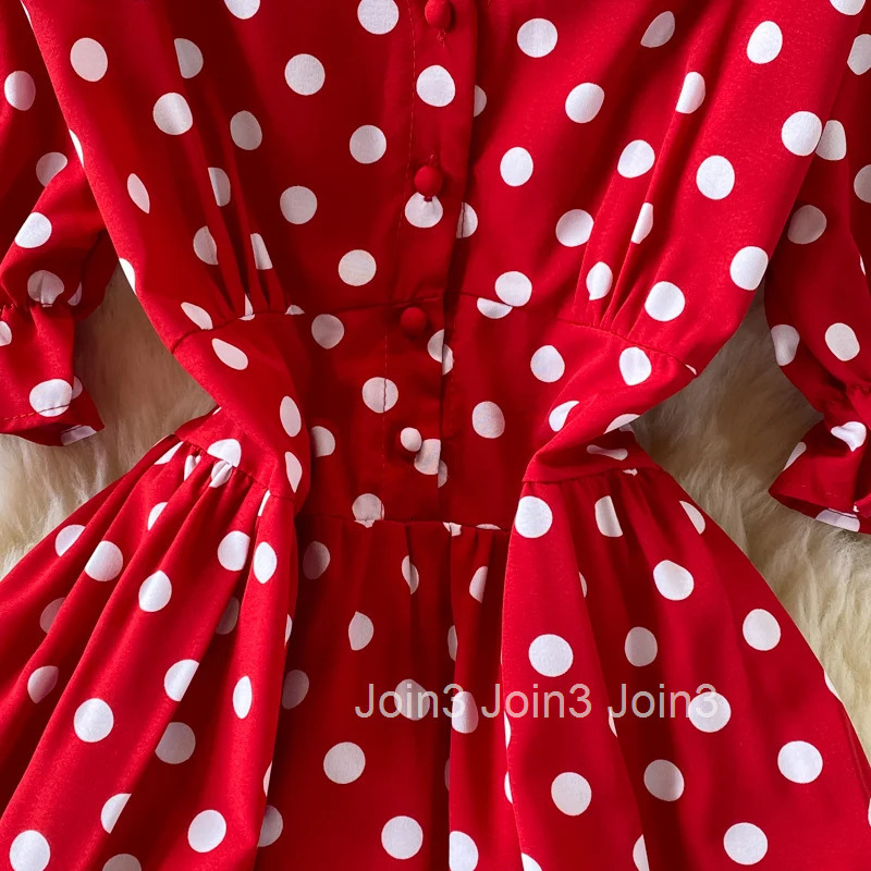 Vintage Elegant Pleated v neck Short Sleeve Dot Dress A-line Fashion Spring summer Beach Vestidos Women Dresses