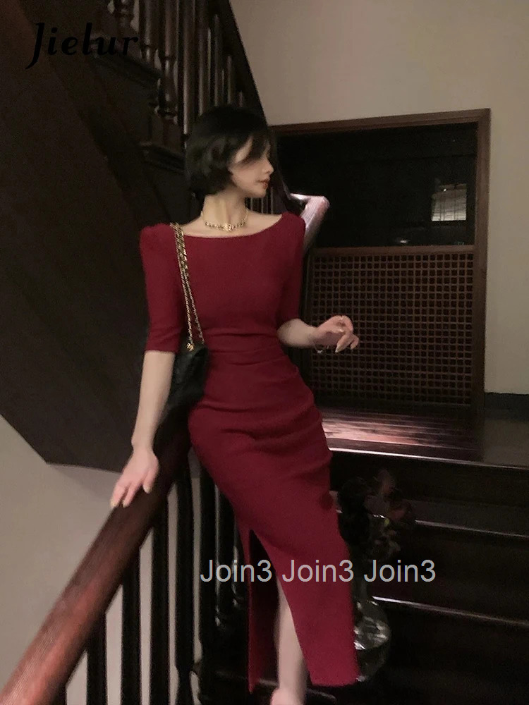 Jielur Korean Style Simple Dress for Women Elegant Midi Bodycon Dress Office Ladies Solid Clothing Femme Fashion Summer Vestidos