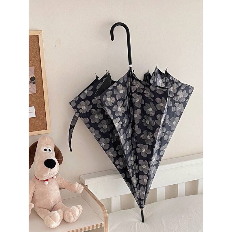 Msho Abstinence Style High-Value Black Flower and Rain UPF50+ Long Handle for Women Foldable Protection UV Sun Umbrella