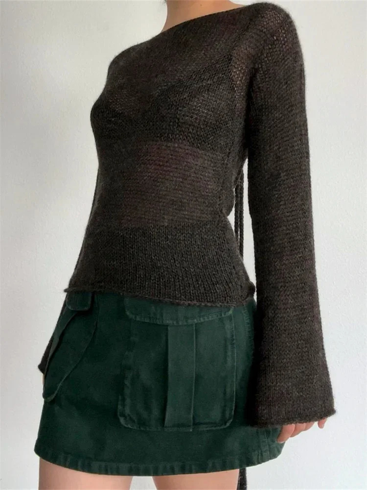 Women Sweater Backless Tie-up Long Sleeve Pullover Knit Tops See Through Beach Sexy Casual Loose Shirts Y2K Aesthetic Clothes 250806