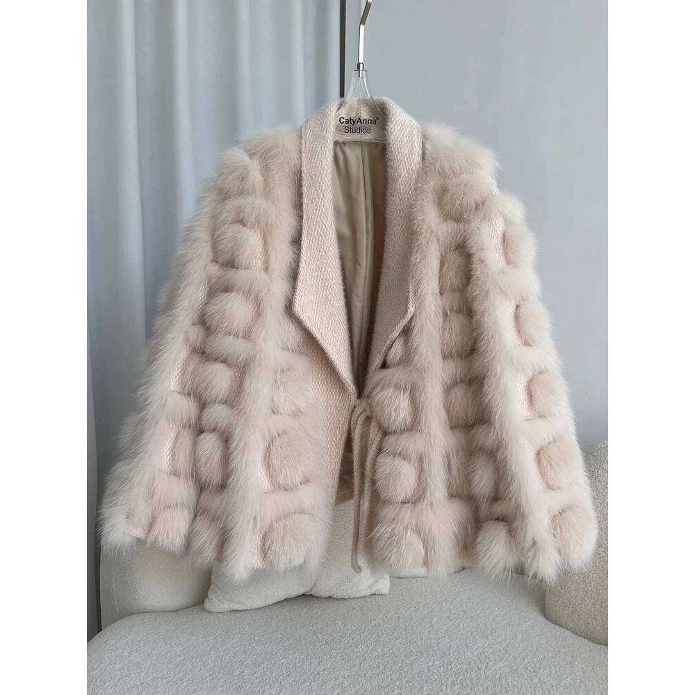 2024 Autumn Winter Knitted Cardigan Jacket Blended Thick Warm New Fashion Belt Turn Down Collar Real Fox Fur Coat Women 250806