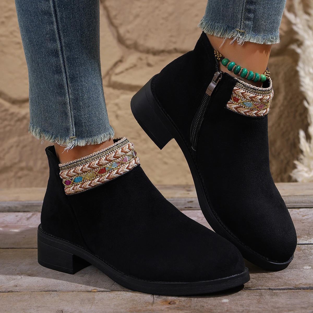 Womens Shoes Rhinestone Short Boots Round Head Chunky Heel Shoes Side Zip Tassel Pendant Comfortable Non-slip Party High Heels 250805