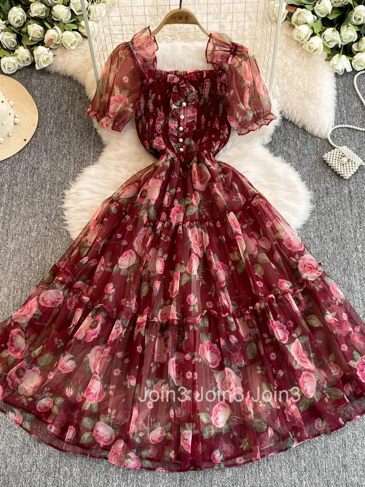 Summer Women Floral Mesh Midi Dress Sweet Square Collar Short Puff Sleeve Ruffle Vestidos Female Elegant Purple/Green/Red Robe