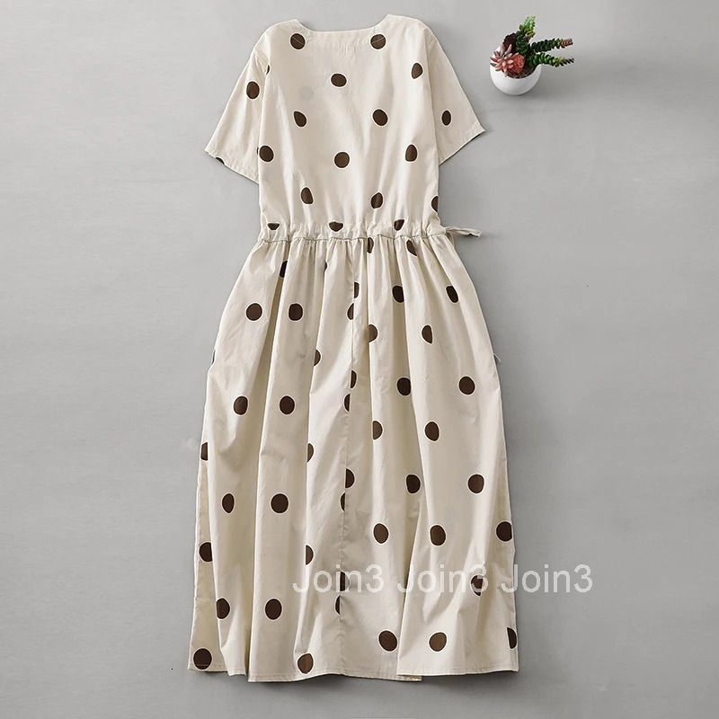 Dot V-neck short-sleeved simple cotton dress women summer new Japanese temperament elegant loose drawstring casual dresses