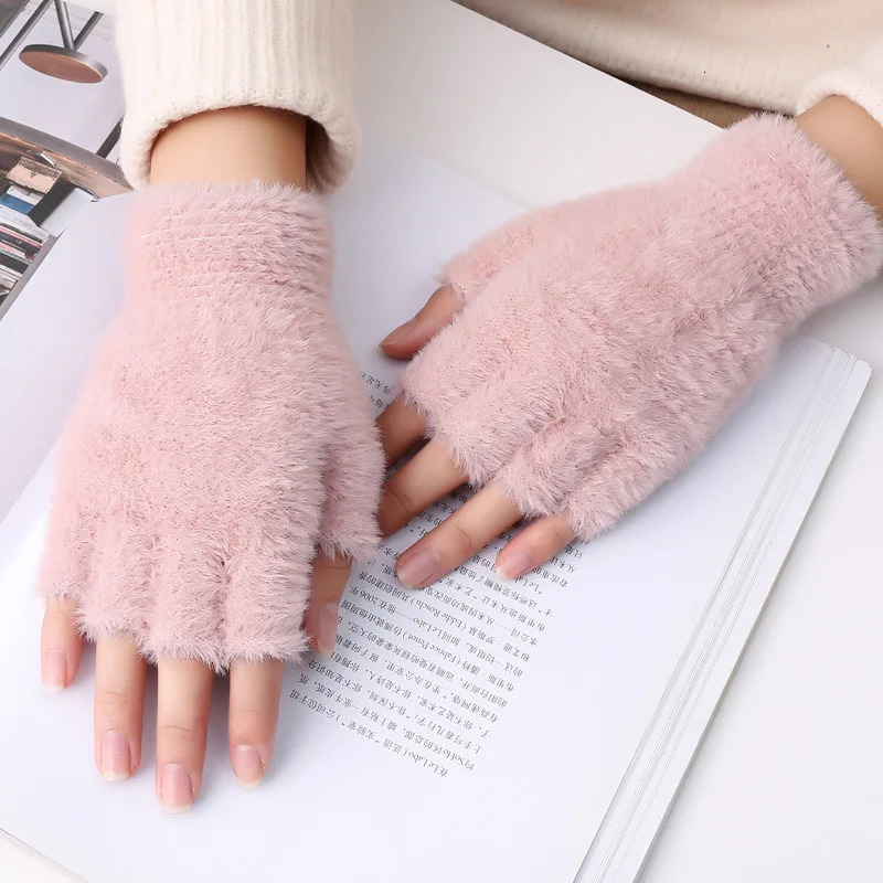 Winter Mink Cashmere Half Finger Gloves Women Men Warm Solid Color Plush For Driving Outdoor Sports 250806