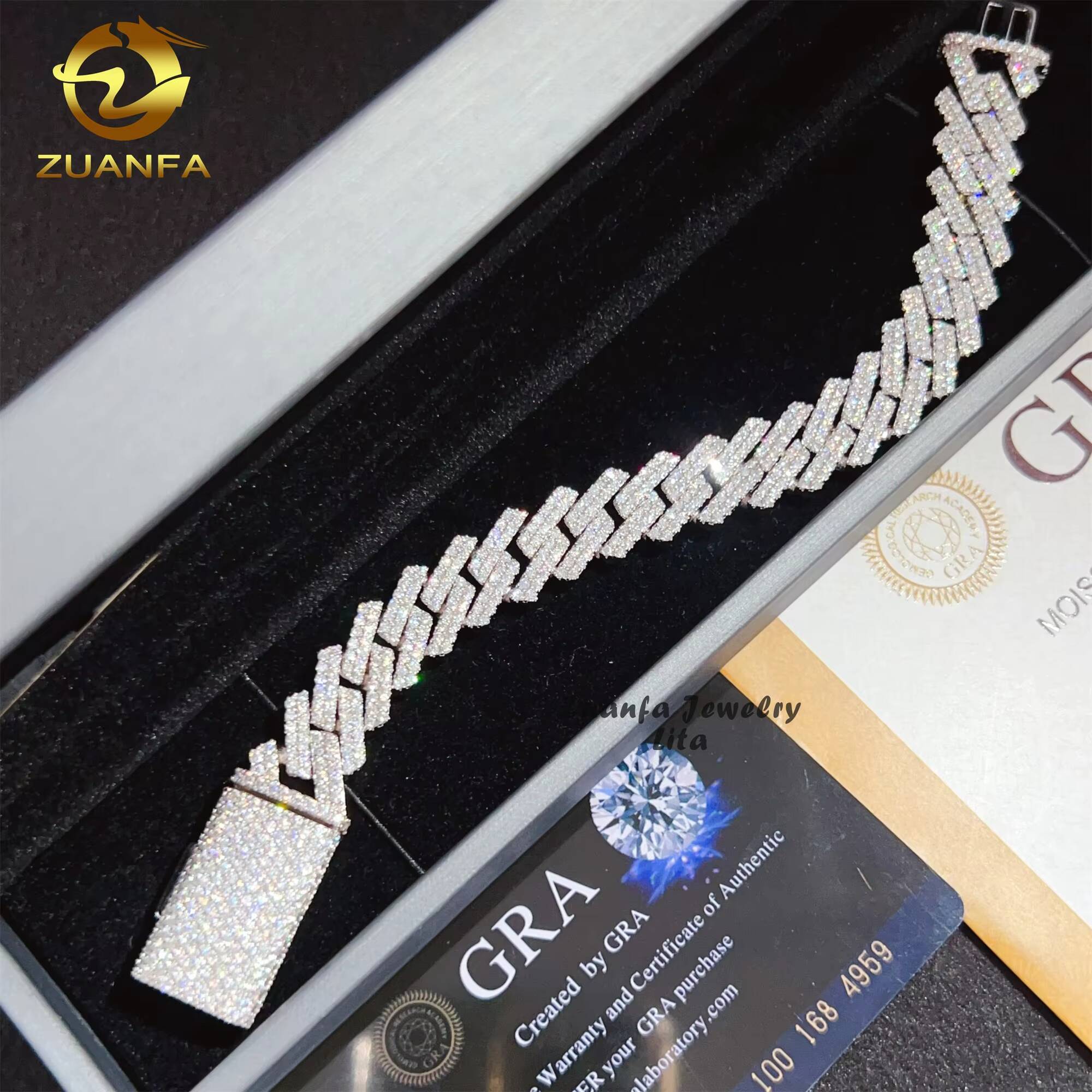 Hot Selling Two Row Diamond 14mm Hip Hop 925 Sterling Silver Straight Moissanite Cuban Link Bracelet