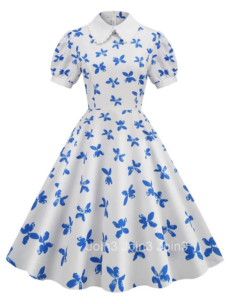 Floral Printed Summer Dress for Women Peter Pan Collar Elegant Vintage Midi Sundress Casual Party Dress with Puff Short Sleeves