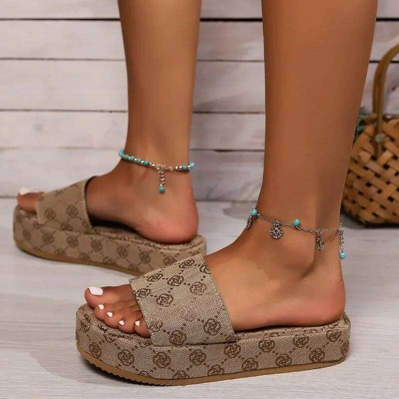 Summer New Round Toe Non-slip for Fashion Flower Khaki Flat Women Beach Sandals Slippers