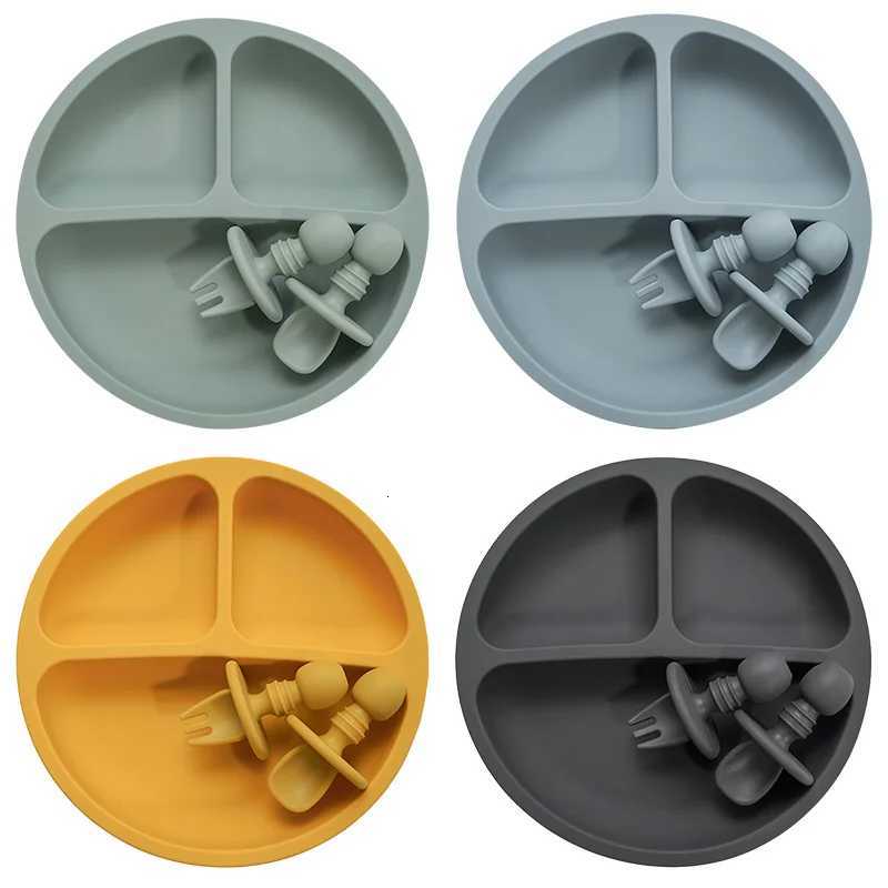 Fashion Solid Silicon Plate Set for Baby Kids Training Feeding Dinnerware Baby Learning Plate Set with Fork Spoon BPA Free X250806