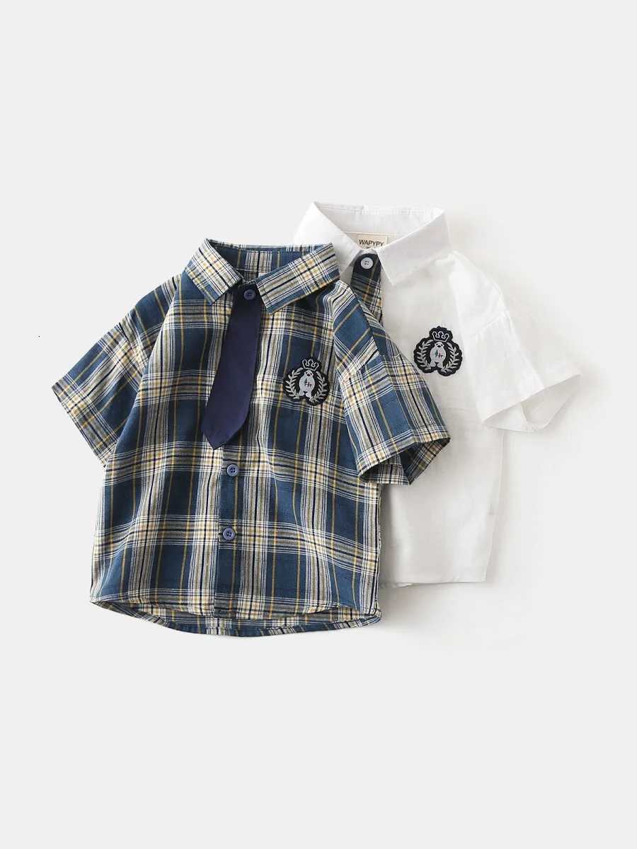 2025 Summer Boys Short-sleeved Shirt Children Square Neckline Plaid Shirt Baby White Cotton Casual Little Shirt X250806