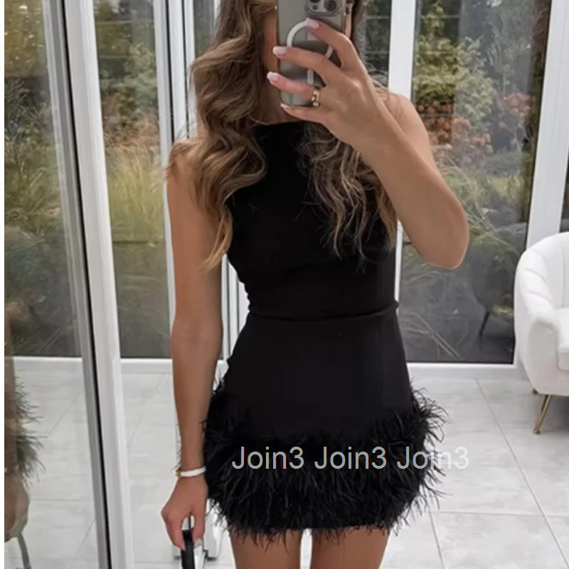 TRAF Womens Dress Feathers Sleeveless Mini Dress Elegant Black Short Dresses Bodycon Party Dresses Woman Vest Christmas Dress