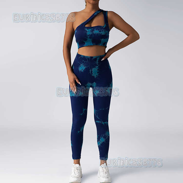 Seamless Knitted Tie-dye Yoga Hip Lift High Waist Elastic Sports Running Bra Set with Chest Pads H250806