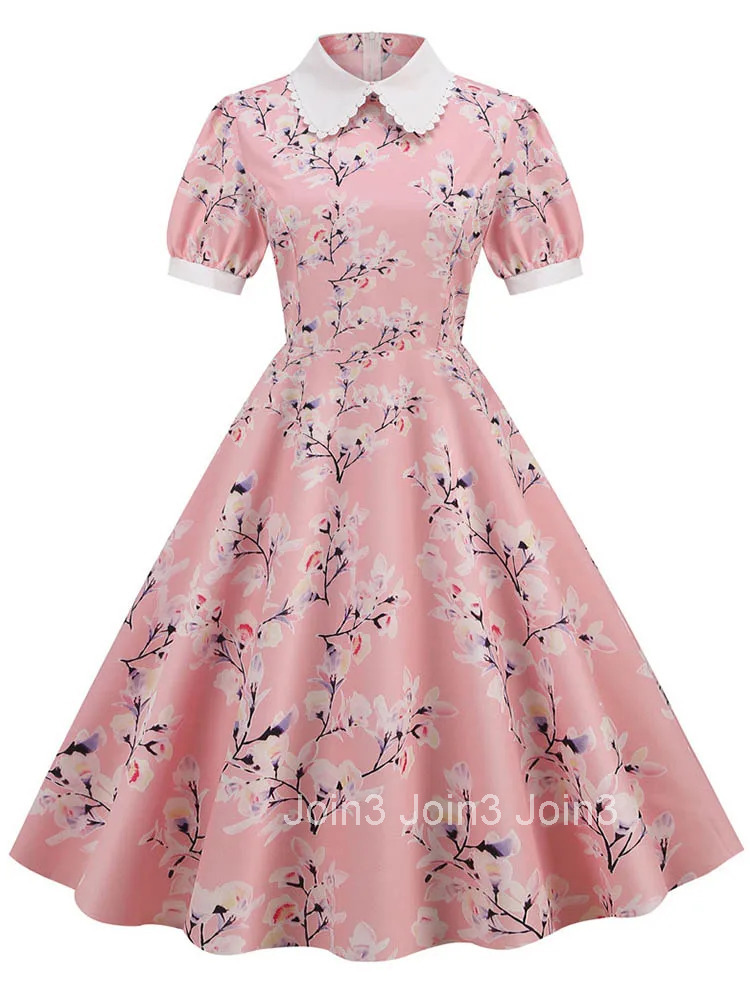 Floral Printed Summer Dress for Women Peter Pan Collar Elegant Vintage Midi Sundress Casual Party Dress with Puff Short Sleeves