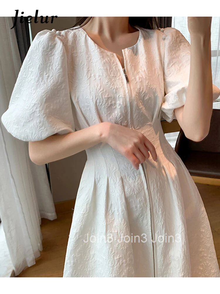 Jielur Vintage French Holiday White Dress Short Puff Sleeves Zipper Front A Line Slim Dress Elegant Party Dress Summer