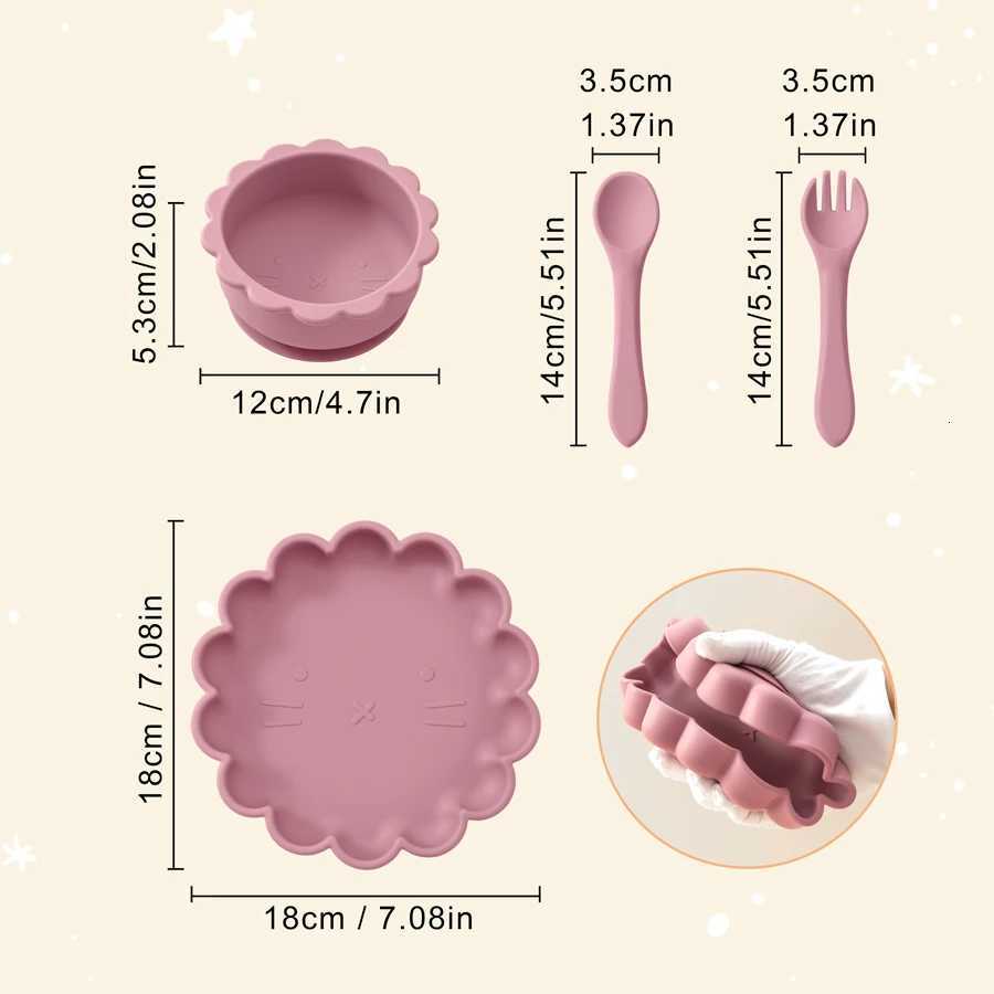Color Kids Baby Silicone Tableware Set Cute Lion Shape Suction Plate BPA Free Spoon Fork Training Baby Dishes Feeding Bowl Set X250806