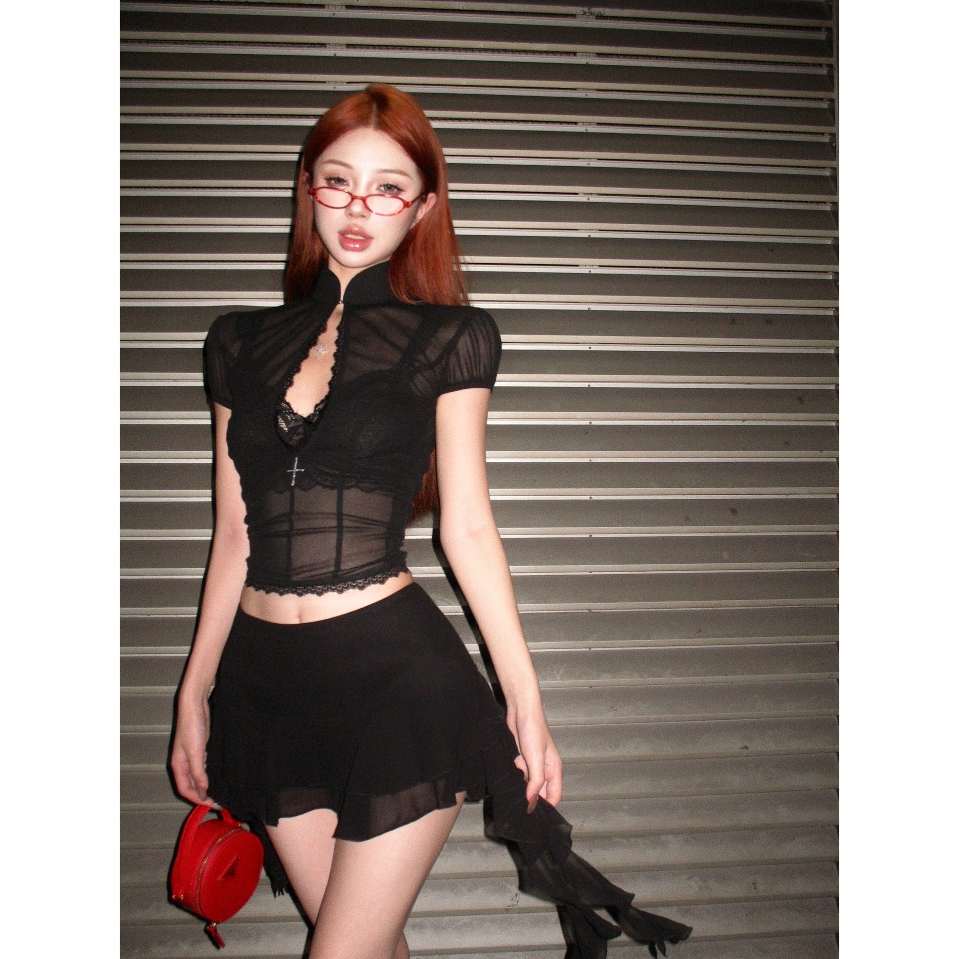 Spicy Girl Black Mesh Long Sleeve T-Shirt Top with Lace Bra for Women Summer Half Skirt Three-Piece Set