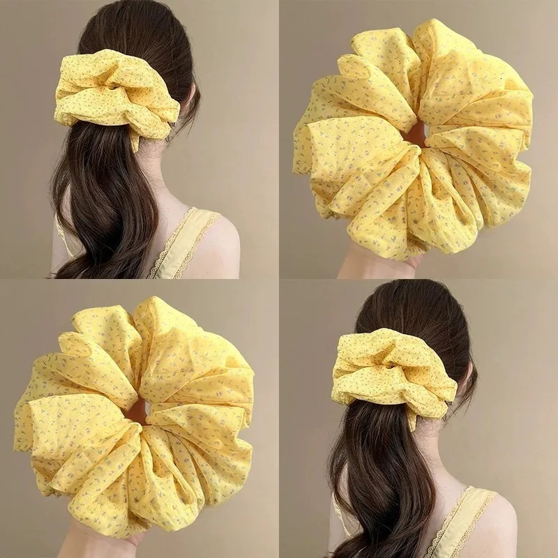 Yellow Floral Print Chiffon Scrunchie with Elastic Band for Womens Girls Ponytail and Bun Hairstyles Hair Accessories 250730