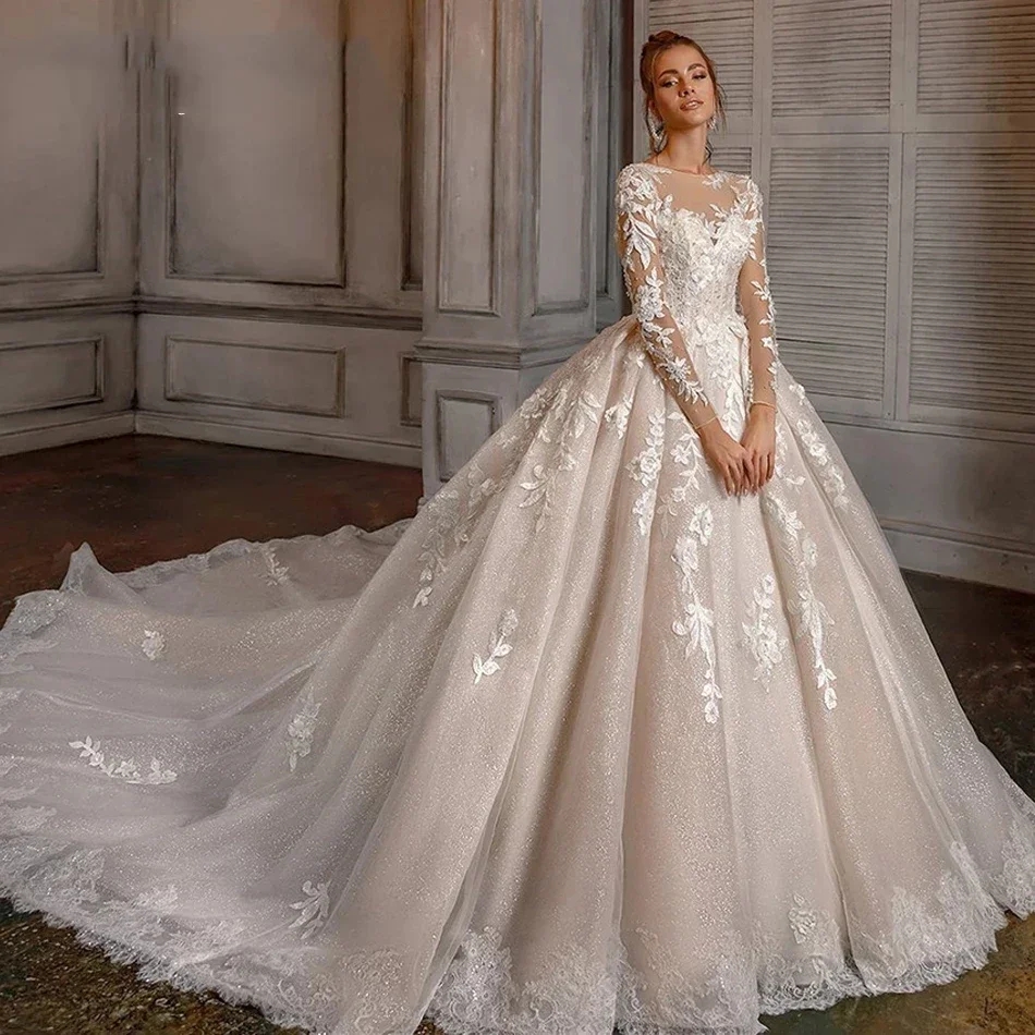 2025 Gorgeous Wedding Dress Hot Women's Elegant Scoop Long Sleeve Lace Applique Sequins Church Bride Bridal Formal Grown Vestidos De Noiva