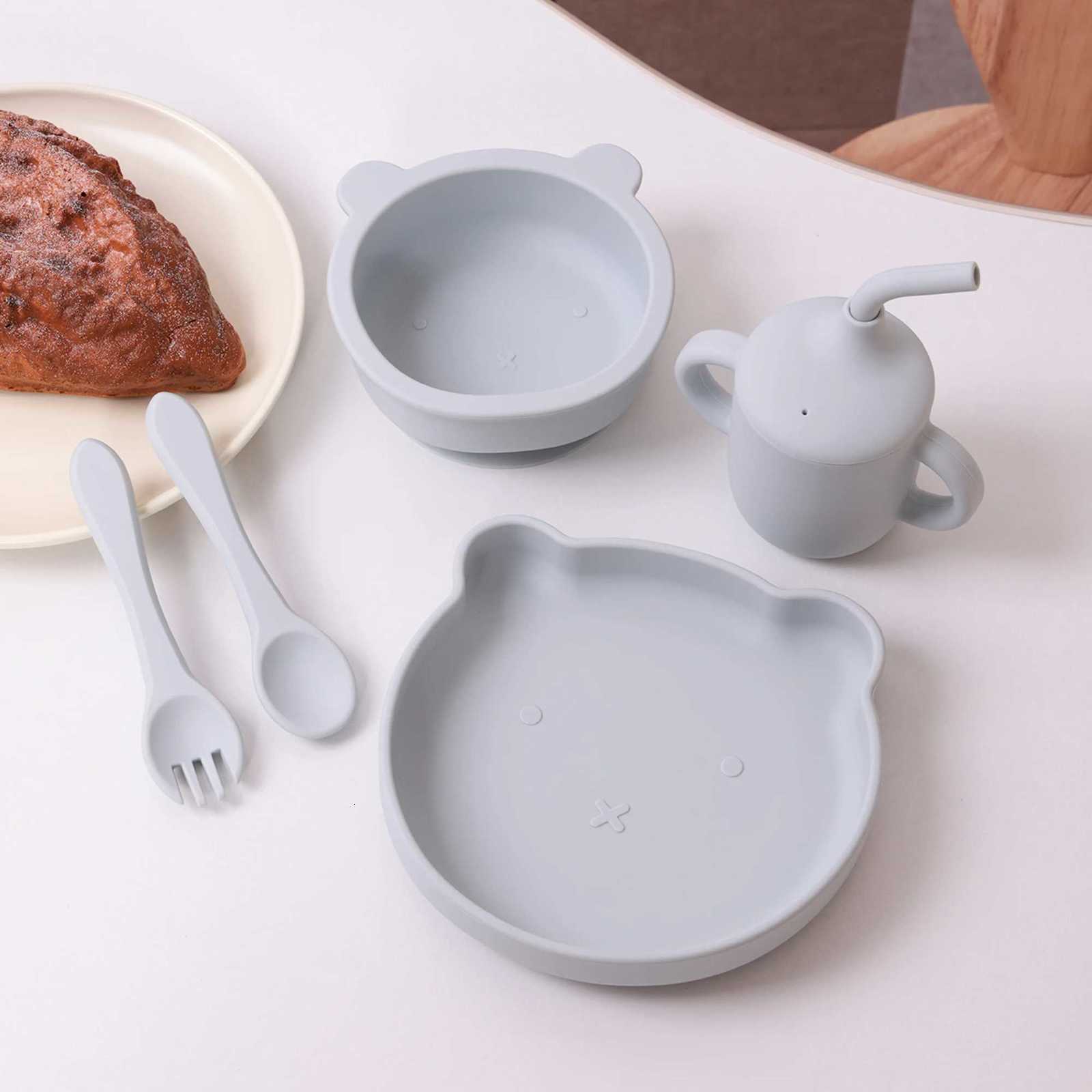5PCS Silicone Baby Feeding Set Bear Plate Suction Bowl Spoon Straw Cup Toddler Self Feeding Essentials BPA Free Baby Supplies X250806