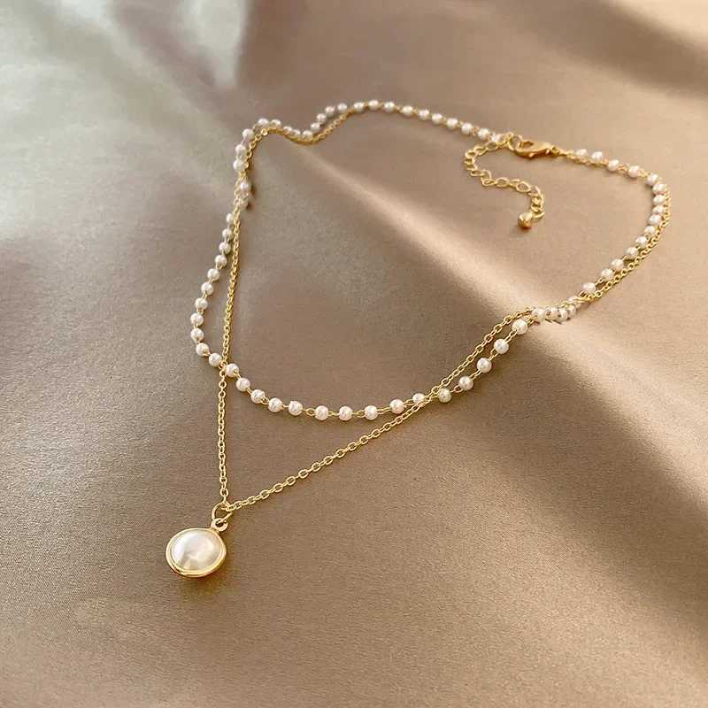 2025 New Womens Pearl Necklace Kpop Gold Color Beads Pendant Necklaces Goth Double Layer Chain Choker for Women Fashion Jewelry Y250805