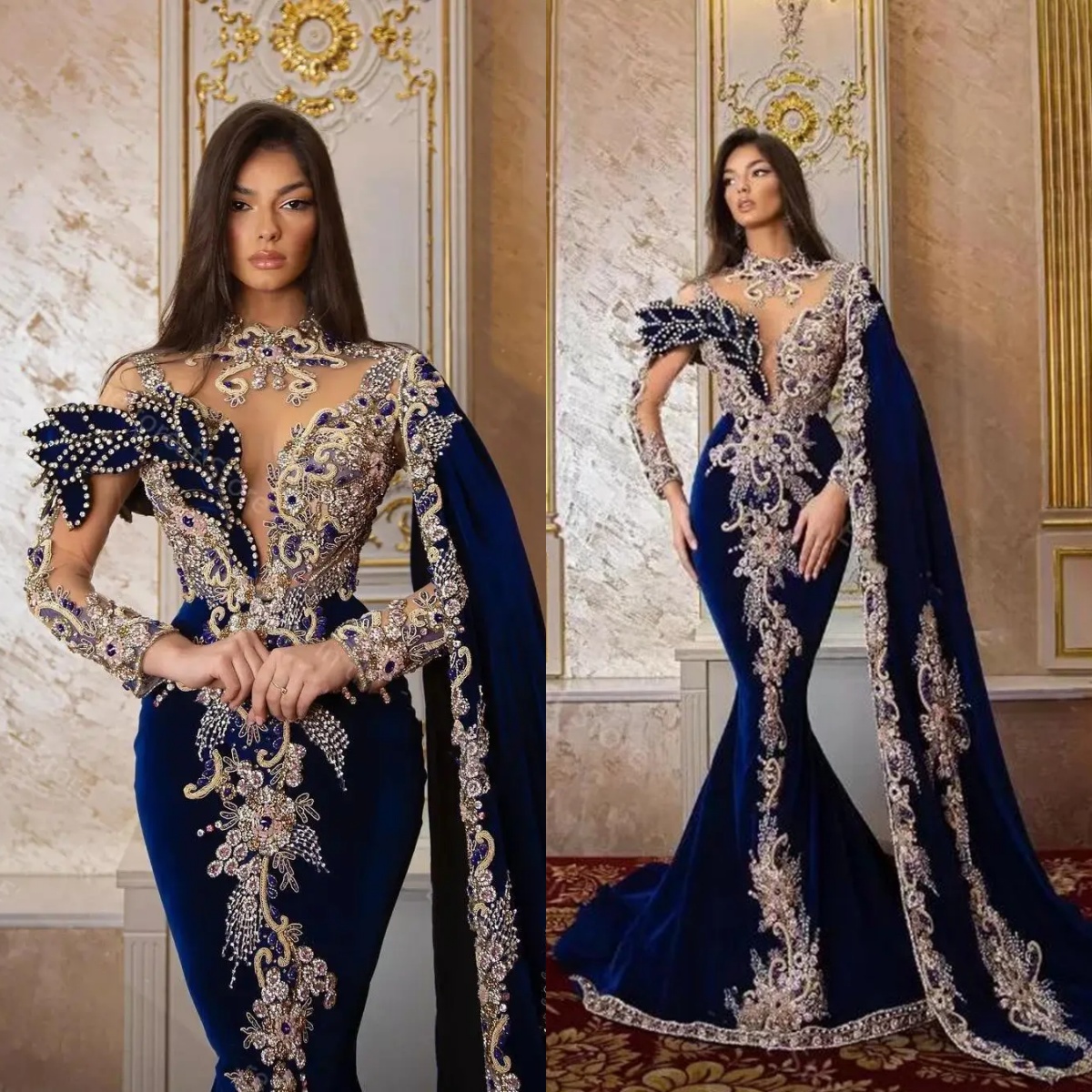 Luxury Prom Dress Mermaid Evening Dress Sleeveless High-Neck Sequins Appliques Crystal 3D Lace Prom Gowns Plus Size Customized vestido de novia