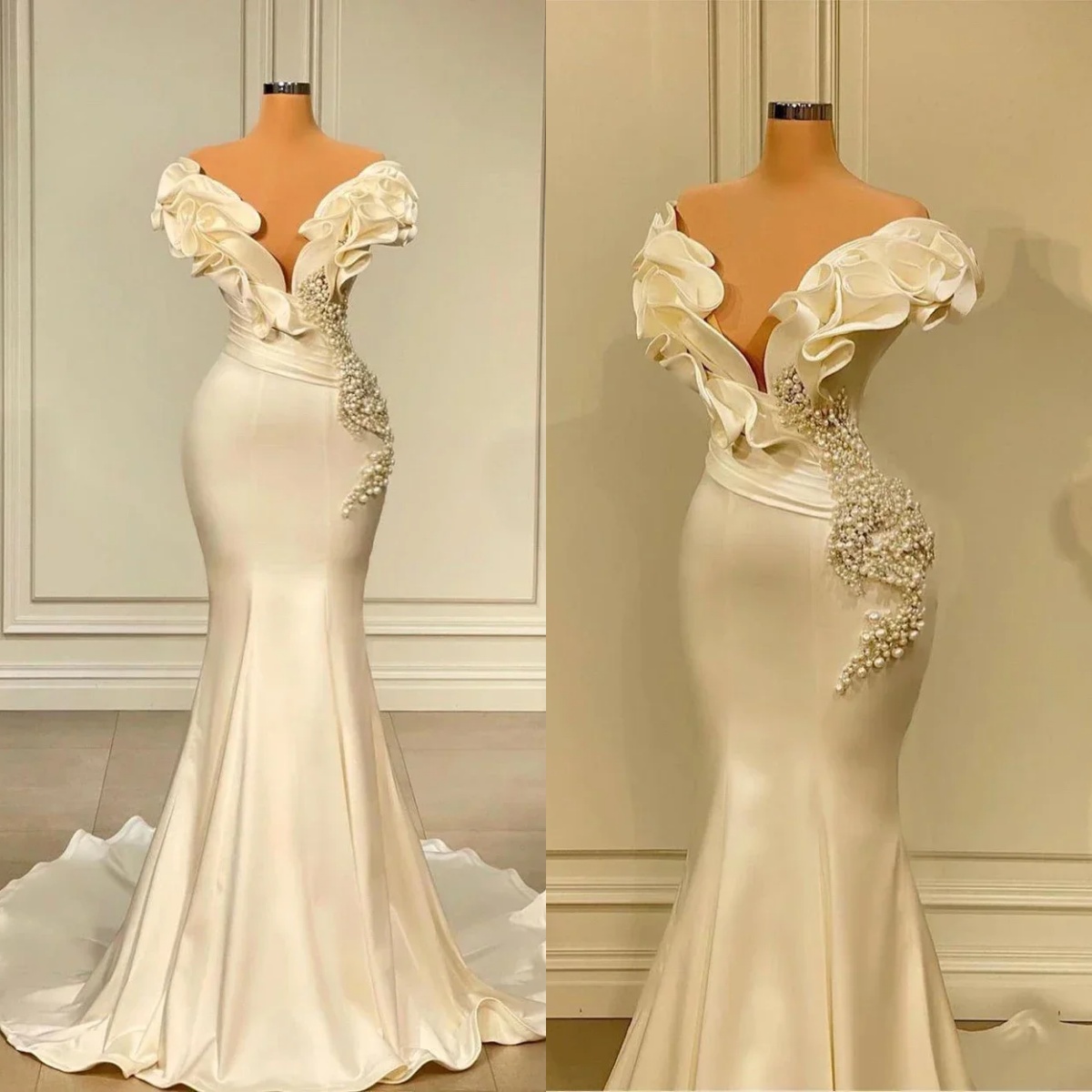 Stylish Prom Dress Mermaid Evening Dress Sleeveless Flowers Neck Straps Sequins Pearls Satin Prom Gowns Plus Size Customized vestido de novia