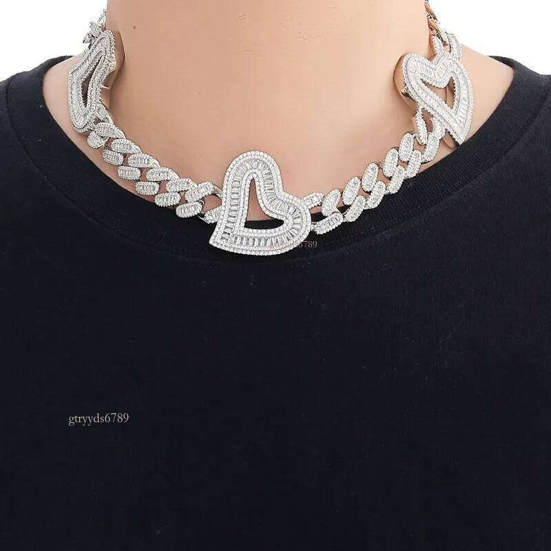 Mens Heavy Hip Hop Chians 16mm 16-22inch Gold Plated Baguette CZ Hearts Cuban Chain Necklace Gift for Friends