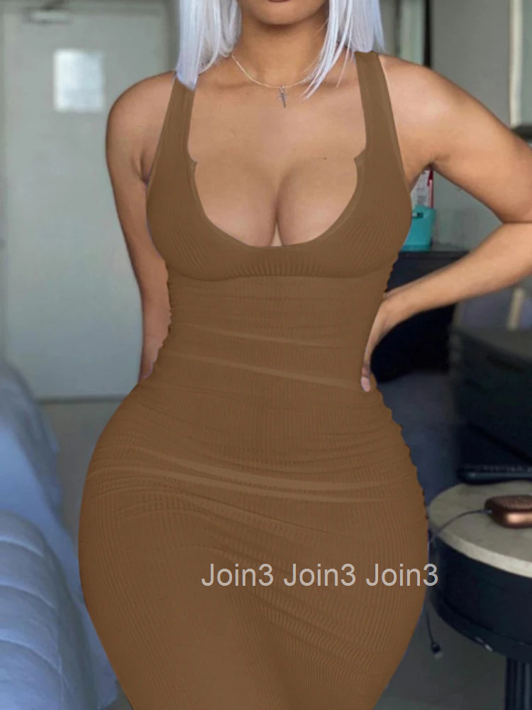Sexy Deep U Neck Wrap Chest Slim Bodycon Dress Women Sleeveless Solid Color Skinny Dress Elegant Club Party Vestidos