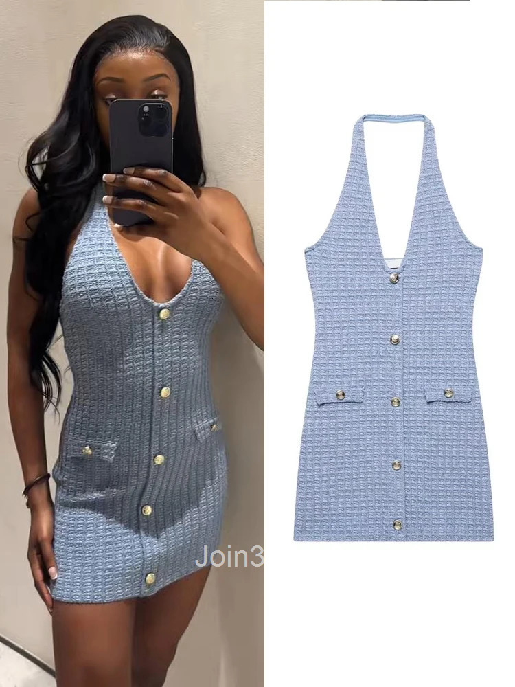 Fashion Tweed Knitted Halter Mini Dress For Women Y2K Slim Sleeveless Backless Bodycon Dress Summer Vacation Party Chic Vestidos