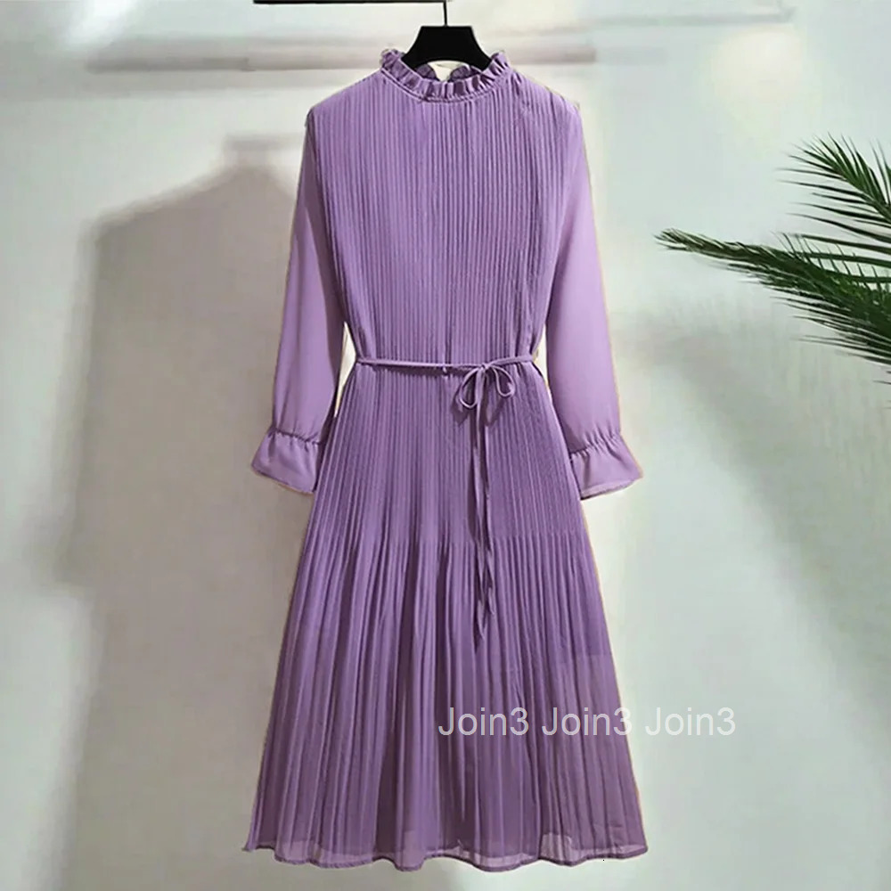 Lavender Ruffled Collar Pleated Elegant Lace Up Chiffon Womens Dress A-Line Knee-Length Dresses For Women Clothing Fashion