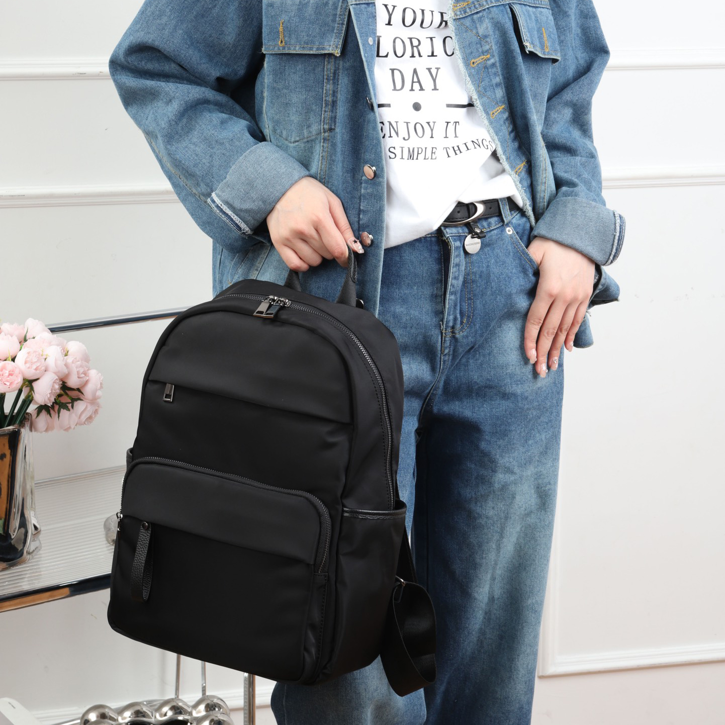 5638XL01 Classic Waterproof Fabric Backpack High-capacity Paired With Cowhide Leather Neutral Style Lightweight and Simple Business Travel Computer Ba