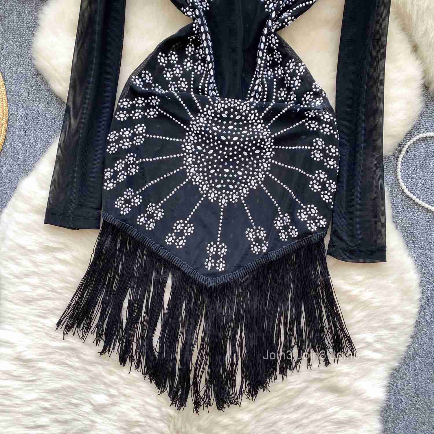 Elegant Long Sleeves Vintage O-neck Chic Rhinestone Tassel Slim Mesh Dresses Evening High Street Autumn Women Elastic Clothing