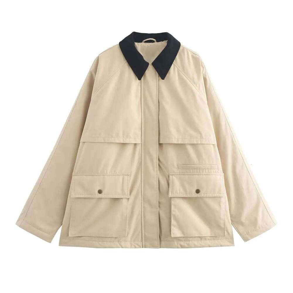 Designer Clothing 2025 TRAF Autumn And Winter New Fashion Corduroy Collar Cotton-Padded Jacket Chic Large Pocket Loose Coat Outerwear