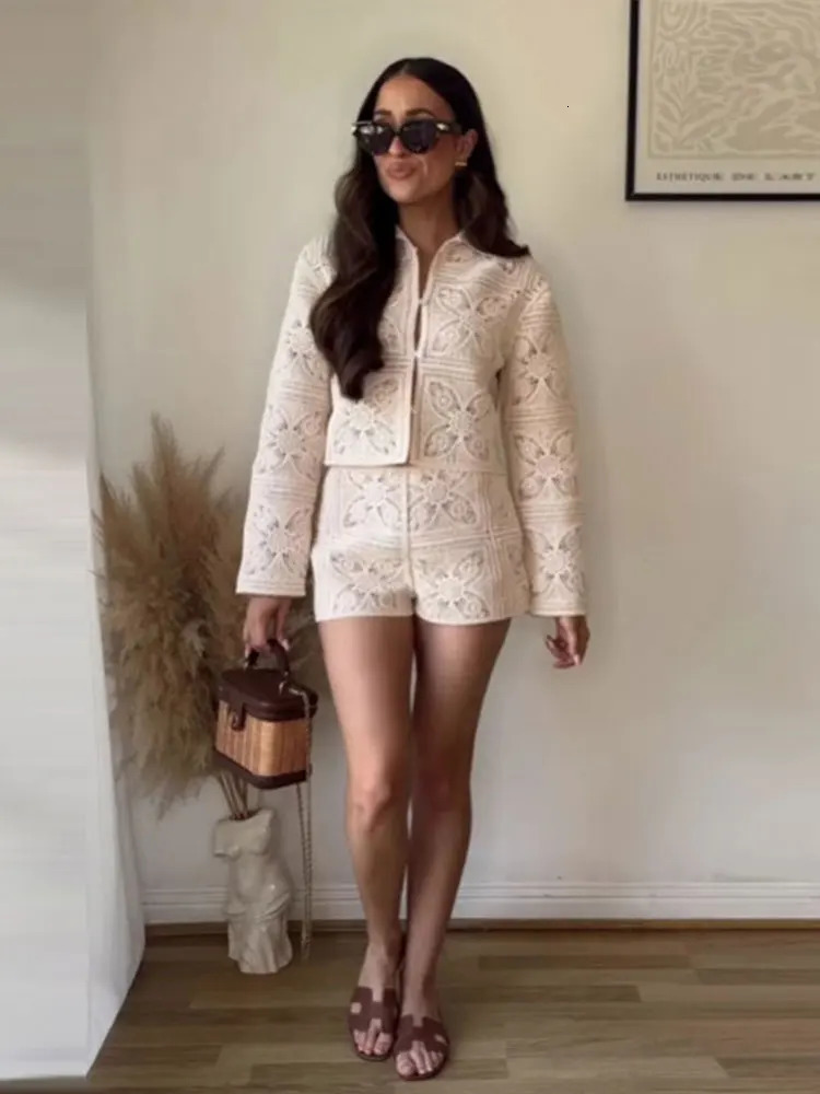 Crochet Hollow Out Cardigan Shorts Suits Women Elegant Lapel Long Sleeve Single Breasted Coats Low Waist Shorts Chic Ladies Sets 250804