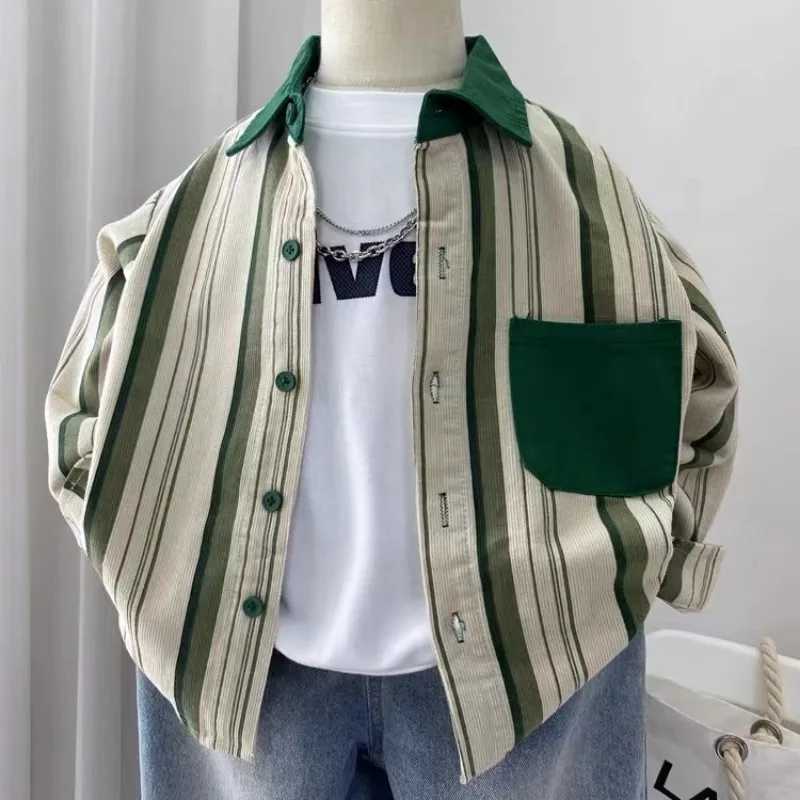Childrens Corduroy Stripe Shirt Autumn 2025 New Style Little Boys Rascal Handsome and Stylish Boys Spring and Autumn Top 2-10Y X250806