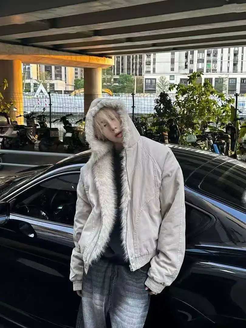 American Retro Winter Thick Woolen Collar Hooded Cotton Jacket Plush Top Men Street Hip Hop Gothic Harajuku Oversize Jacket Coat W250806