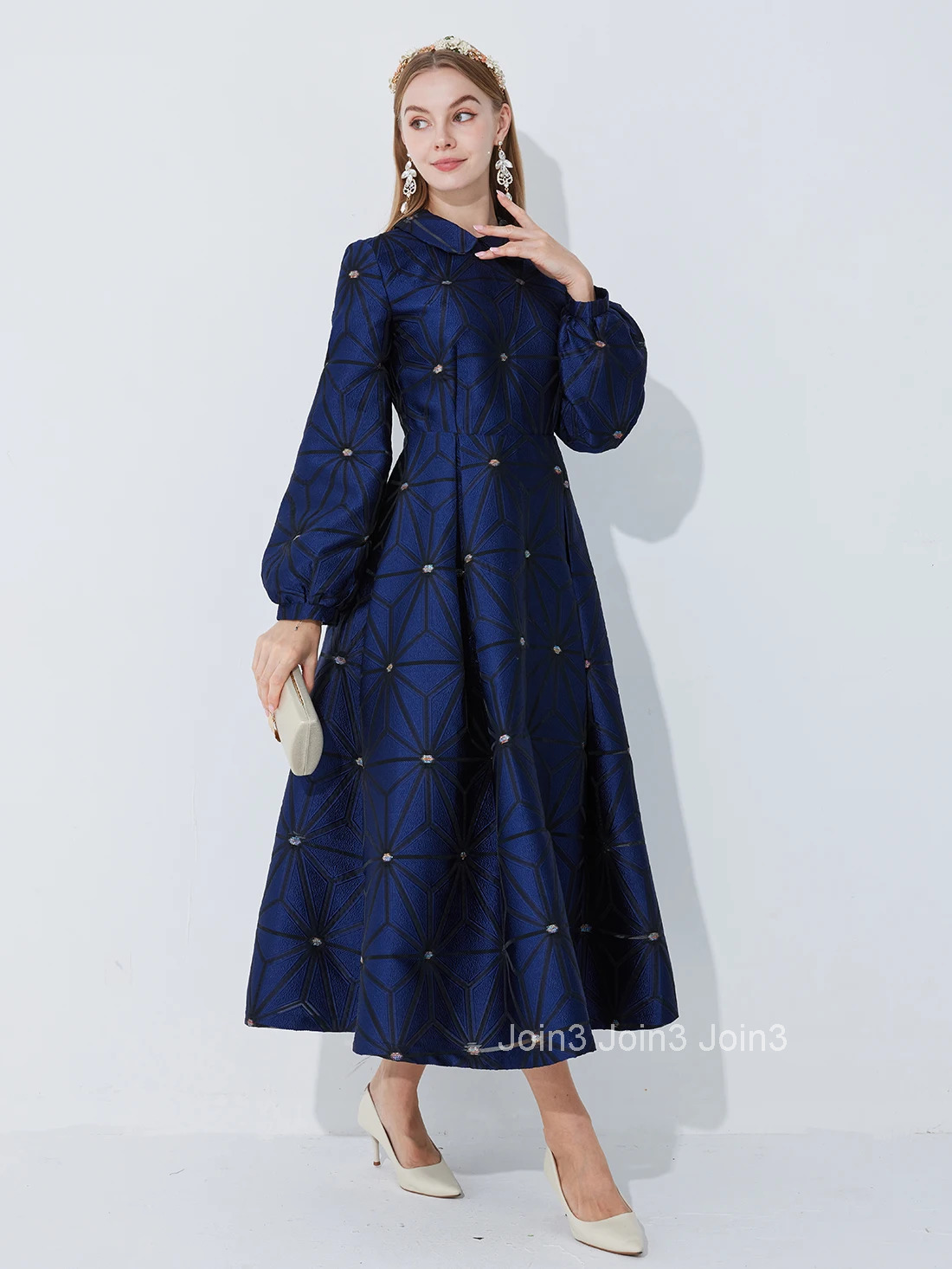 Fall/Winter Turned Collar Lined Sleeve A-Line Silhouette Geometric Heavyweight Jacquard Elegant and Graceful Long Dress