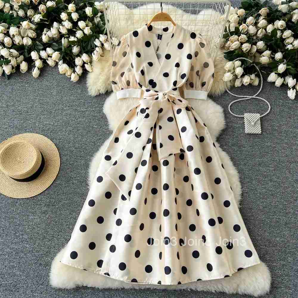 Vintage Elegant Pleated Bandage Short Sleeve Dot Dress A-line Fashion Spring summer Beach Vestidos Women Dresses