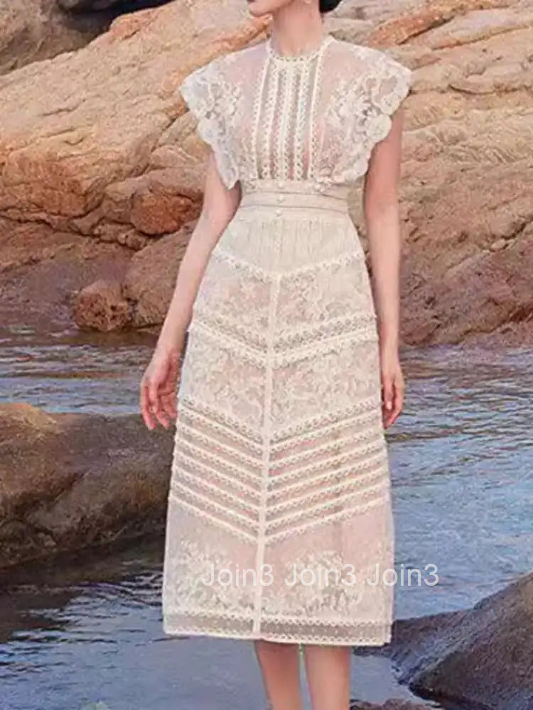 Elegant Style Lace Embroidery Patchwork Dress Apricot Fashion Hollow Out Mid Length Dresses Women Spring Summer 3A7897