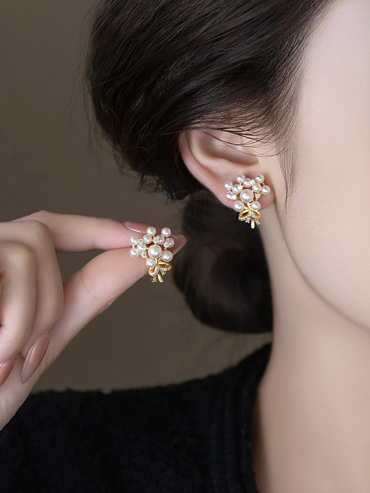 French n fashion jewelry 14K gold plated pearl zircon bouquet earrings elegant womens daily work accessories 250805